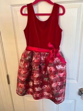 Place Bright Red Girls' Satin Dress with Floral Skirt